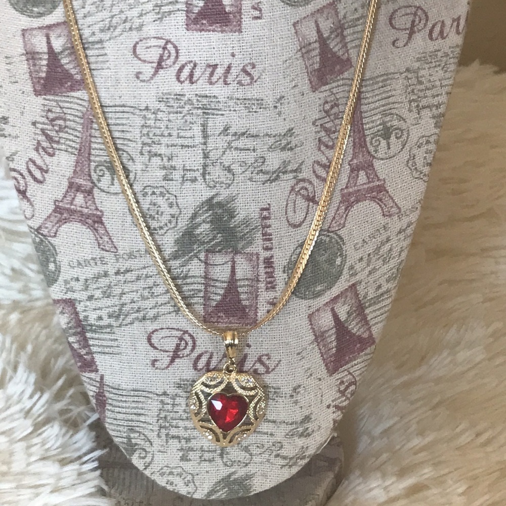 Ruby Rhinestone Gold Heart charm with  Gold Necklace